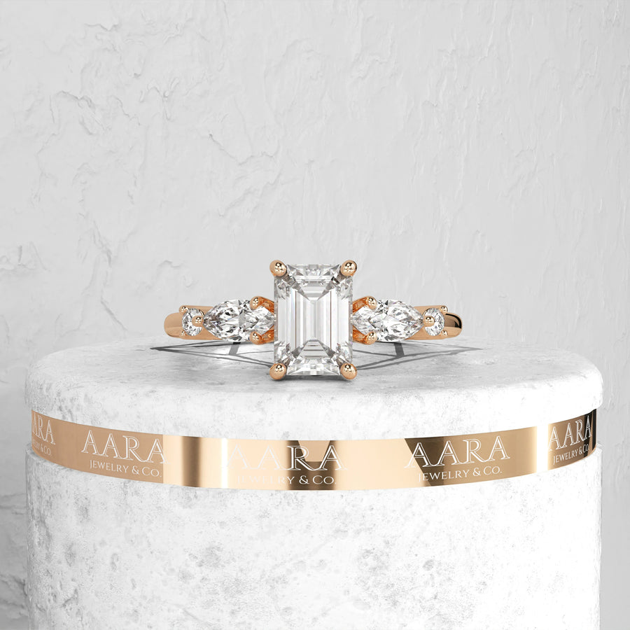 Emerald Cut Lab Grown Diamond Side Marquise and Round Cut Ring