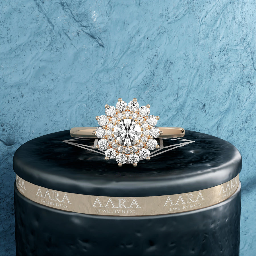 	 Vintage Style Lab Grown Diamond Starburst Engagement Ring, Unique Double Halo Wedding Ring, 14K Gold Anniversary Ring