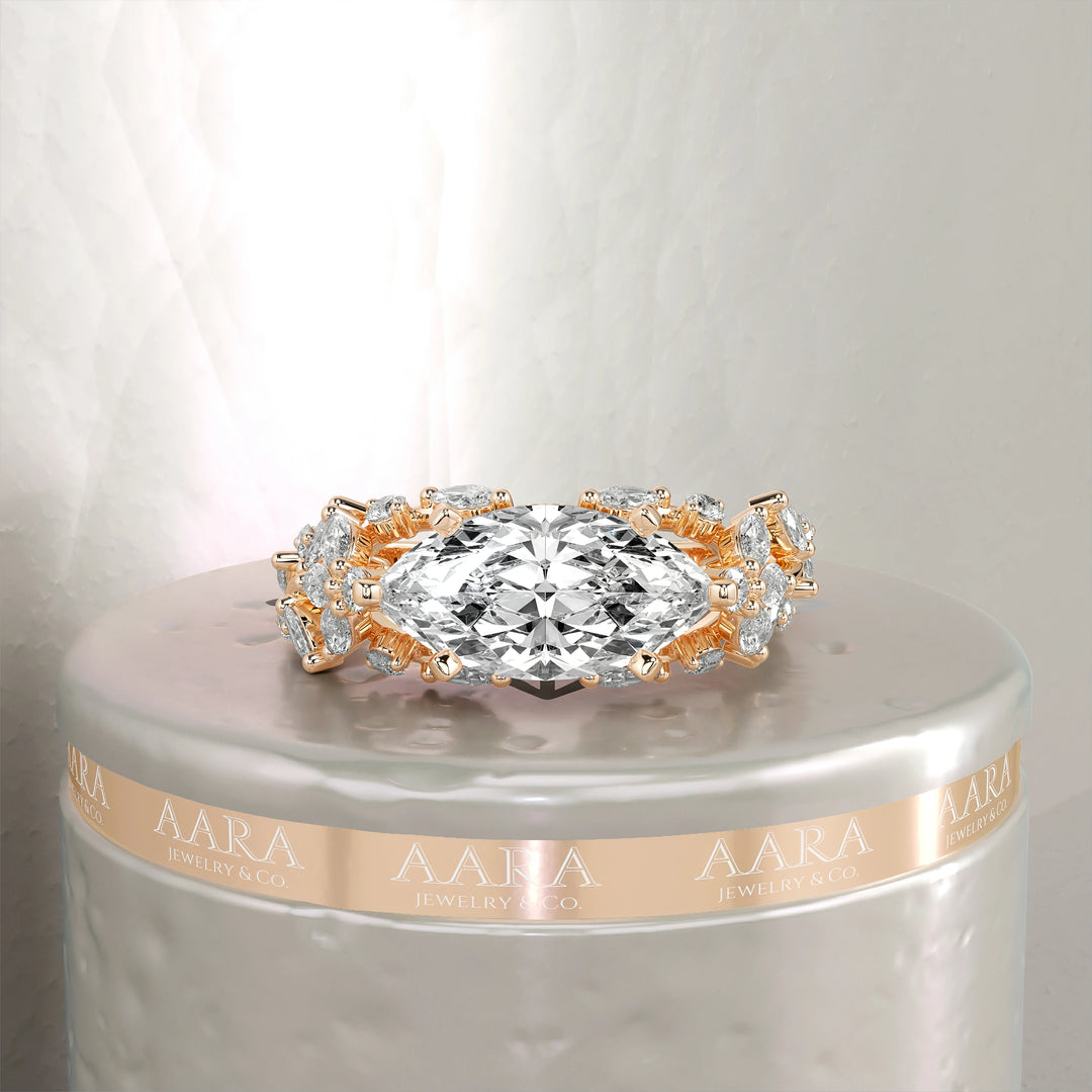 Marquise Cut Lab Grown Diamond Ring East West Setting With Floral Band