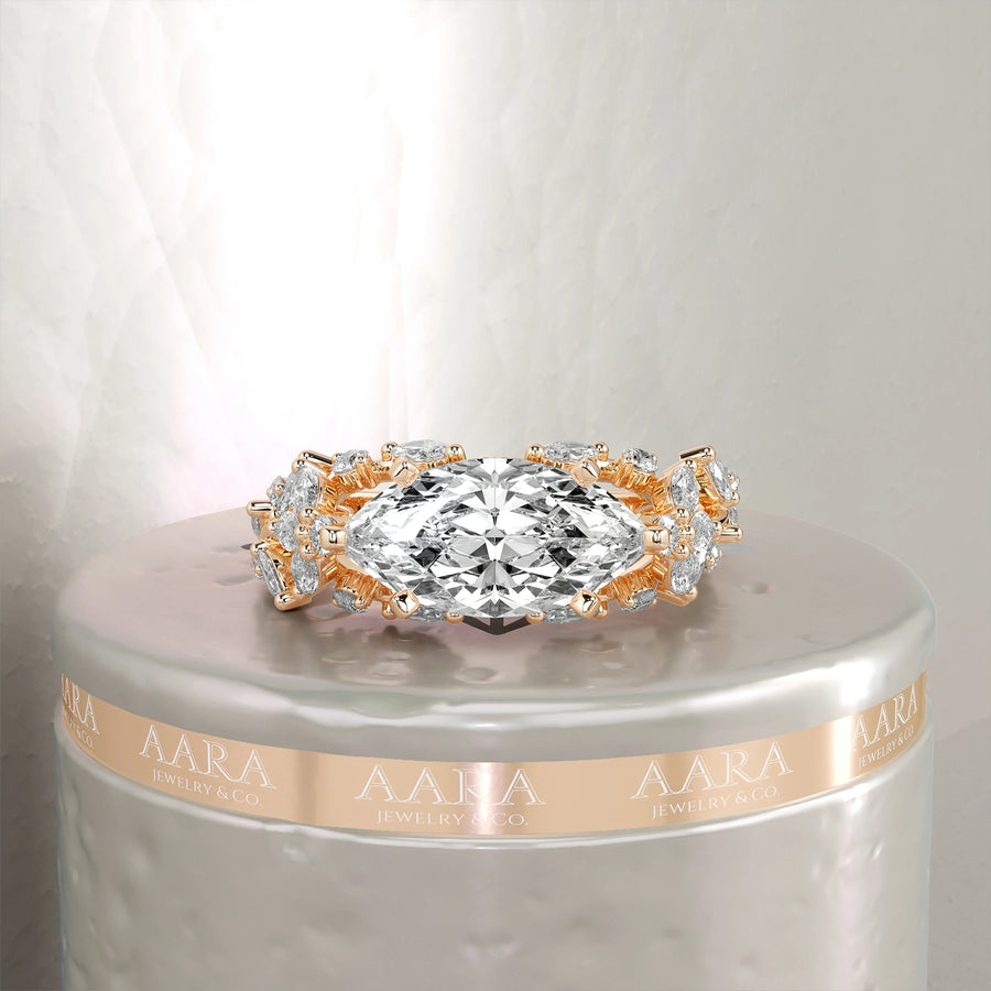 Marquise Cut Lab Grown Diamond Ring East West Setting With Floral Band