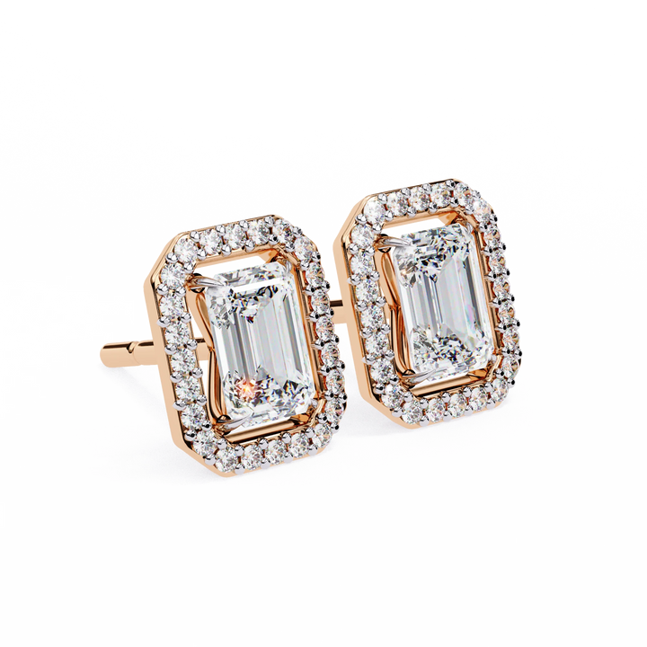 Halo Emerald Cut Lab Grown Solitaire Stud Earring