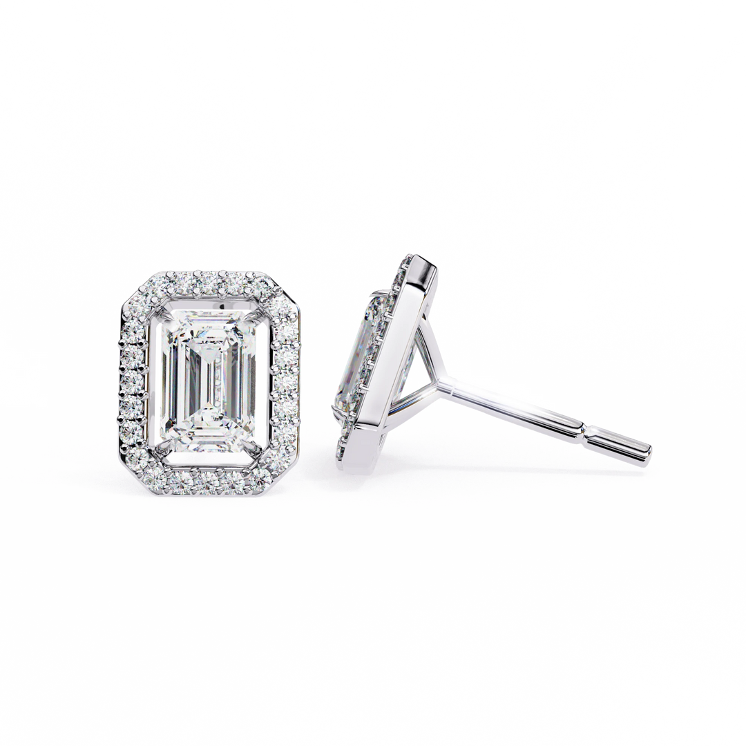 Halo Emerald Cut Lab Grown Solitaire Stud Earring