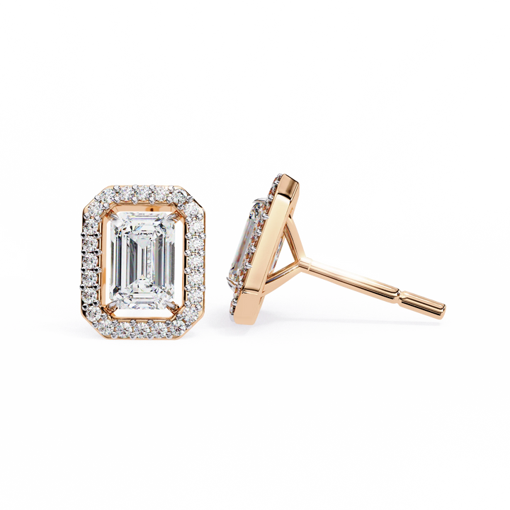 Halo Emerald Cut Lab Grown Solitaire Stud Earring