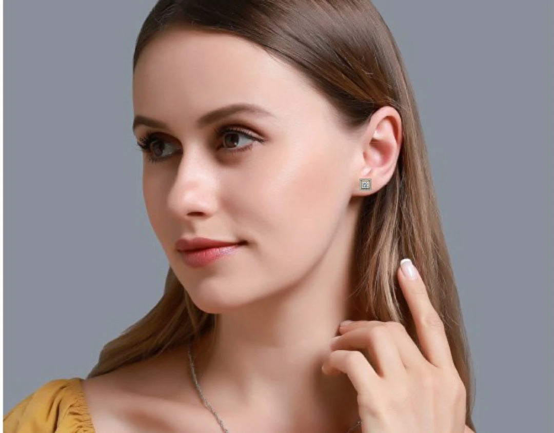 Halo Style Princess Round Lab Grown Diamond Stud Earrings
