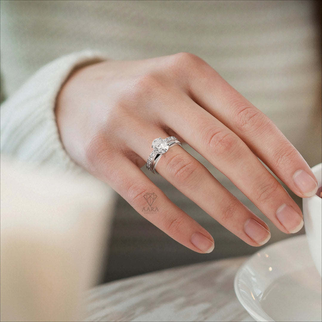 Oval Diamond Engagement Ring Set Unique Bridal Oval Cut Diamond Rings Half Eternity Band ring for Her Real Lab Grown Diamond Ring Bridal Set