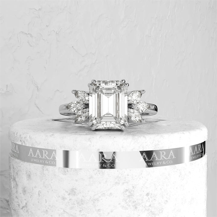 3CT Lab Grown Certified Emerald Cut Diamond Cluster Solitaire Engagement Ring, 14K Solid Gold IGI Certified Emerald Diamond Ring,