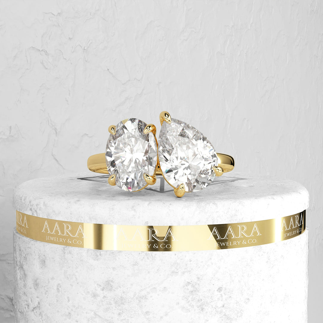 Toi Et Moi Emerald Cut and Pear Cut Lab Grown Diamond Ring, 14K Gold Toi et Moi Open Ring, Adjustable Toi Et Moi CVD Diamond Engagement Ring