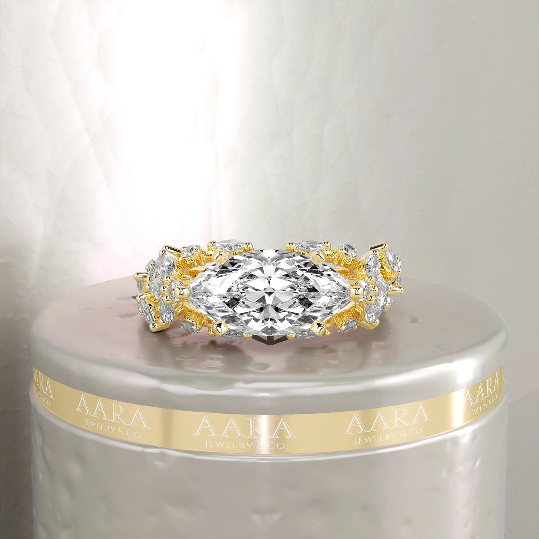 Marquise Cut Lab Grown Diamond Ring East West Setting With Floral Band