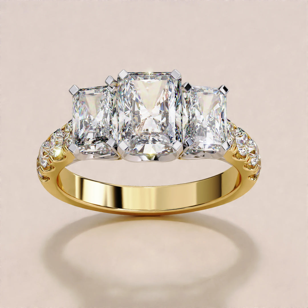 Radiant and Round Three Stone 3.01 TC Lab Grown Engagement Ring