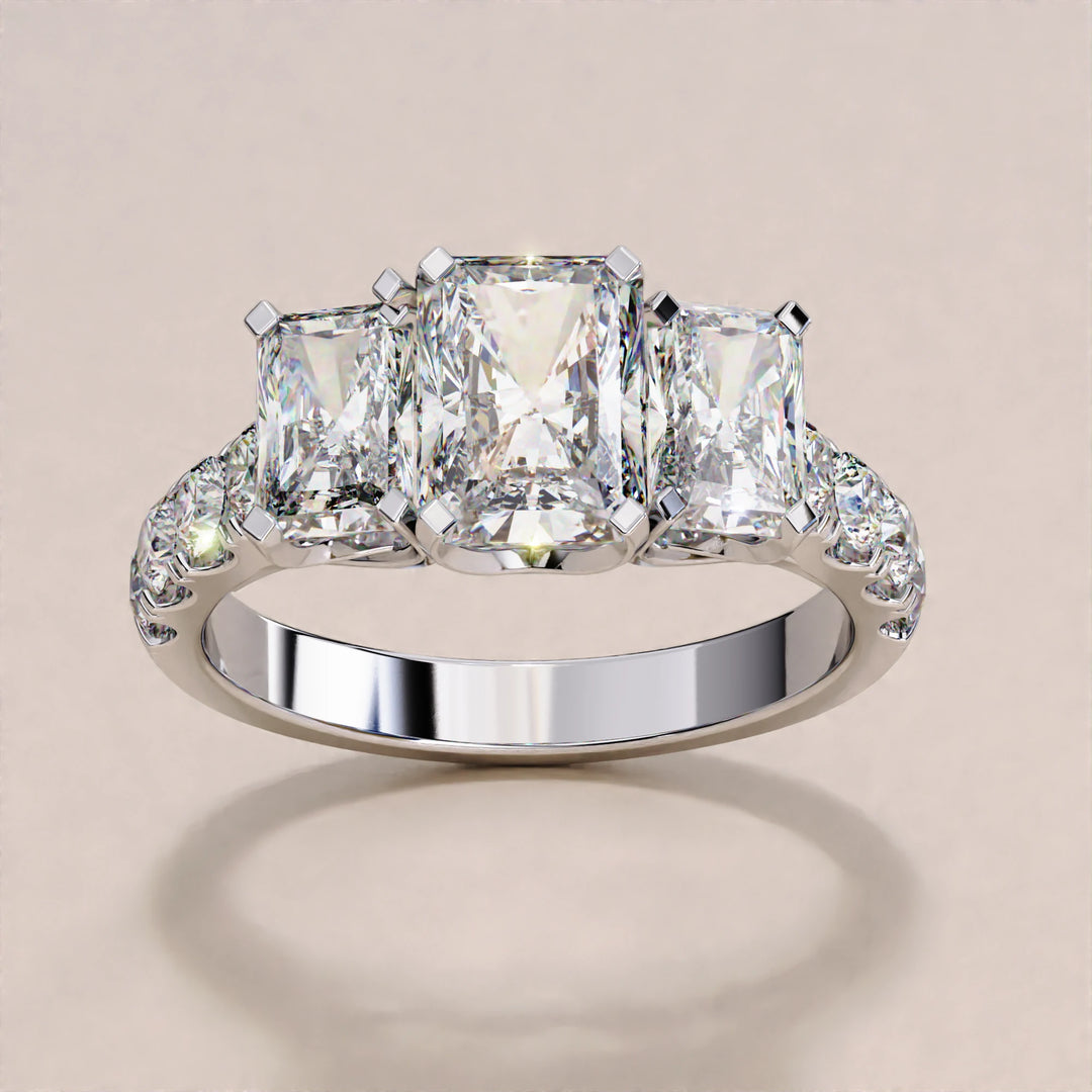 Radiant and Round Three Stone 3.01 TC Lab Grown Engagement Ring