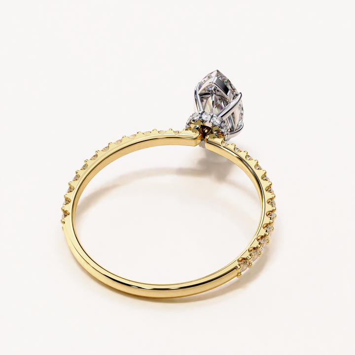 hidden halo diamond ring | marquise lab diamond | yellow gold engagement ring
