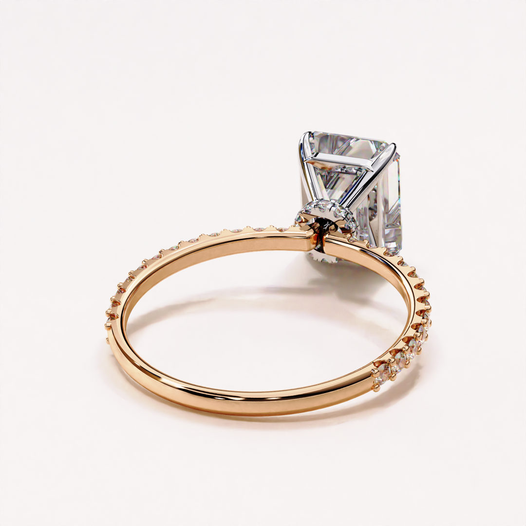 pavé band diamond ring | emerald lab diamond | ethical bridal ring
