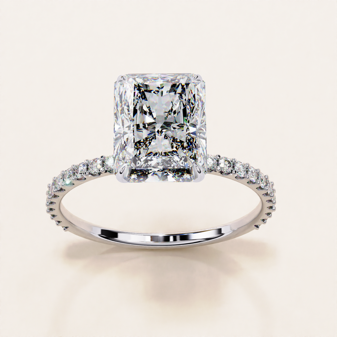 engagement ring eco option | timeless radiant diamond | dainty rose gold pave
