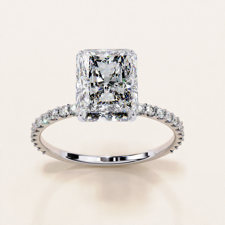 engagement ring eco option | timeless radiant diamond | dainty rose gold pave
