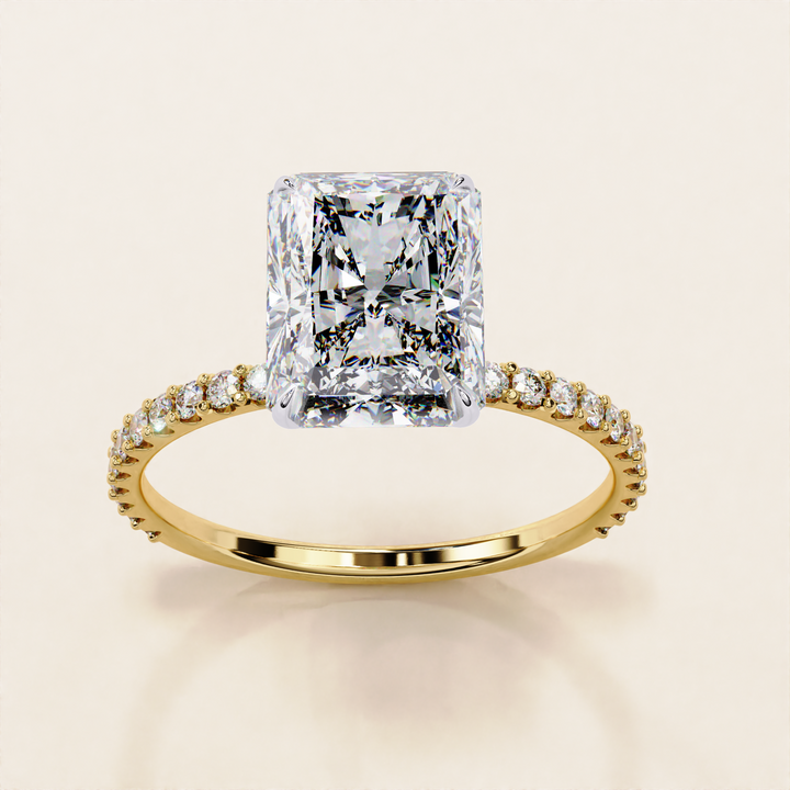 sustainable bridal jewelry | radiant solitaire with pave | designer diamond ring

