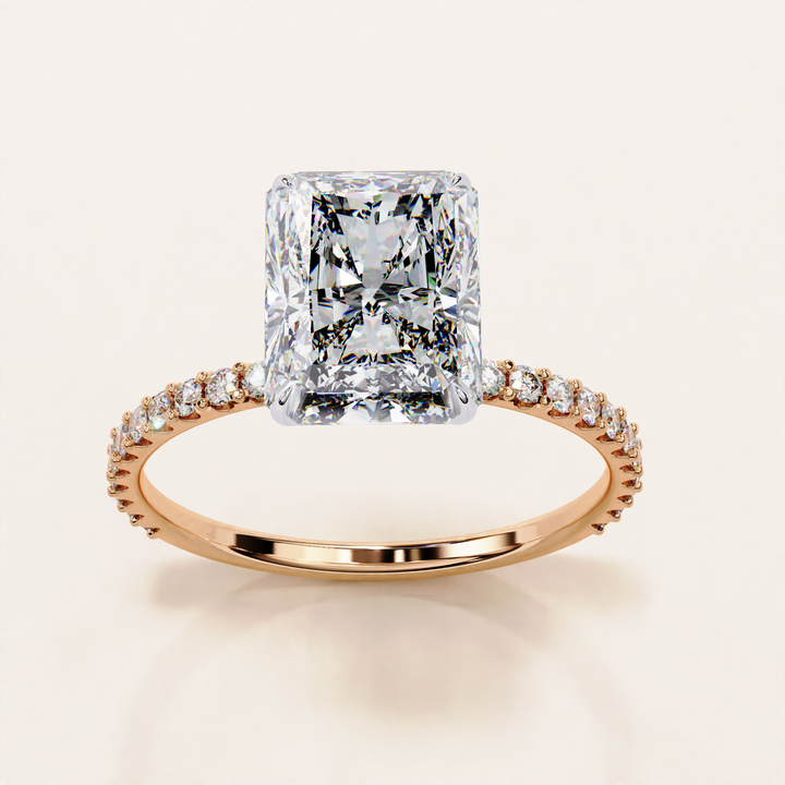 Radiant Cut Lab Grown Diamond Ring with Pavé Band in Rose Gold