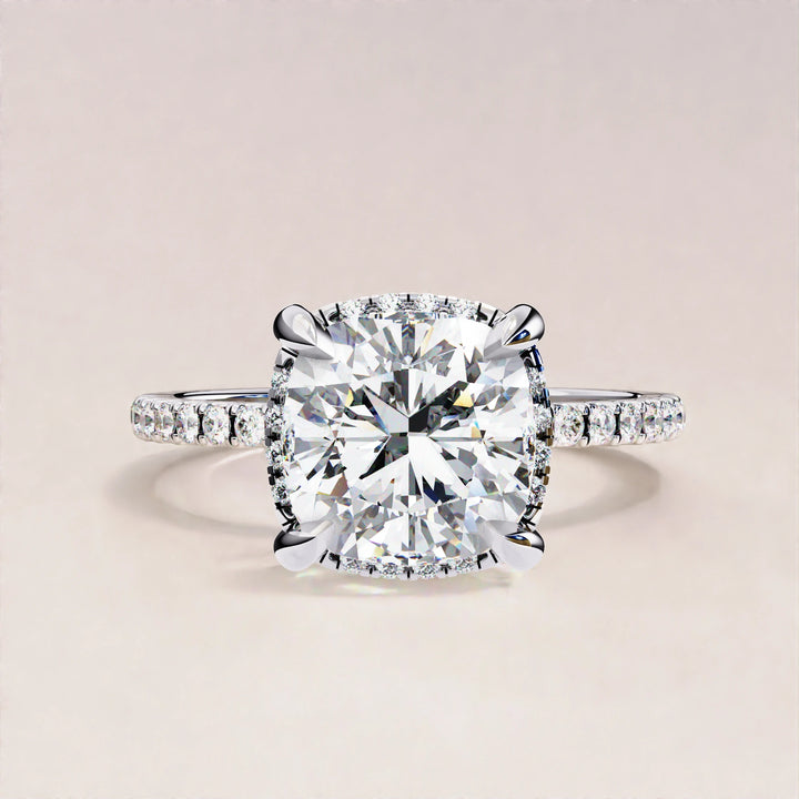 Timeless Brilliance: Cushion Cut Diamond Halo Ring with Pave Accents