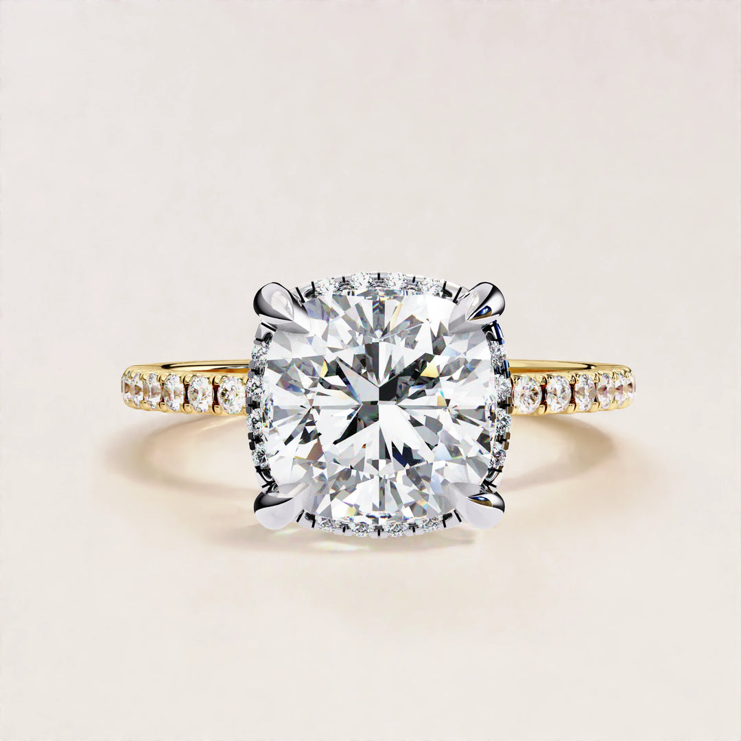 Timeless Brilliance: Cushion Cut Diamond Halo Ring with Pave Accents