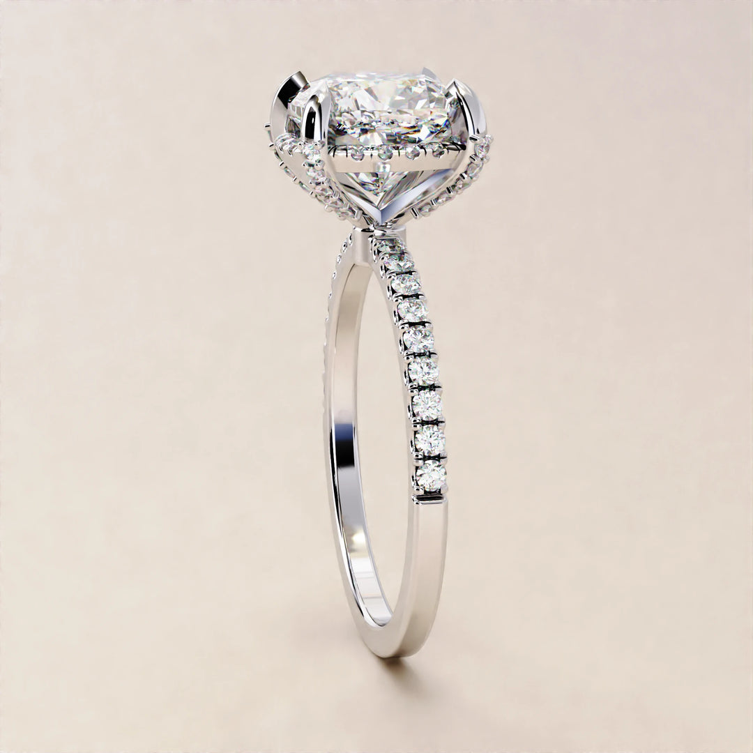 Timeless Brilliance: Cushion Cut Diamond Halo Ring with Pave Accents