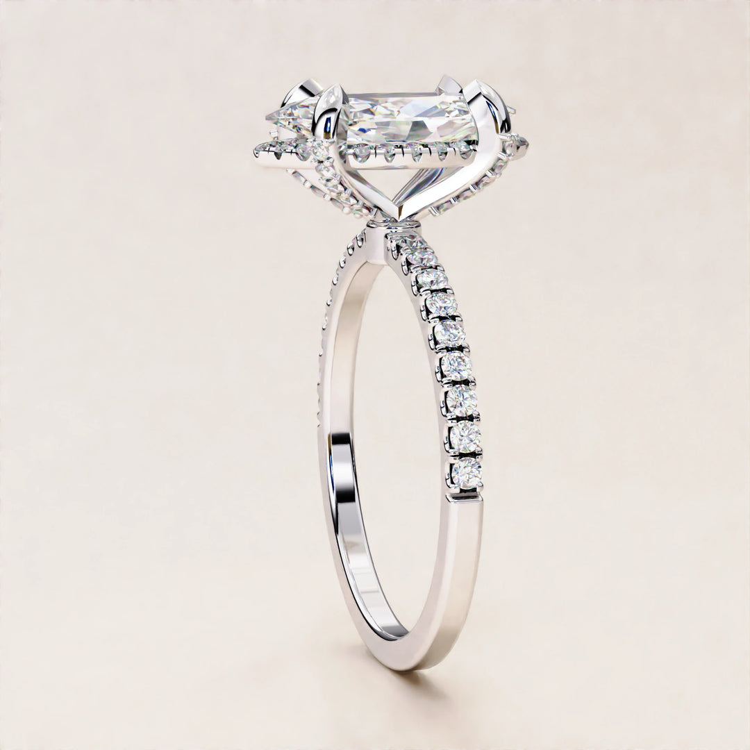 Marquise Cut Lab Grown Diamond Ring, Unique Hidden Halo and Halo Designer Engagement Ring