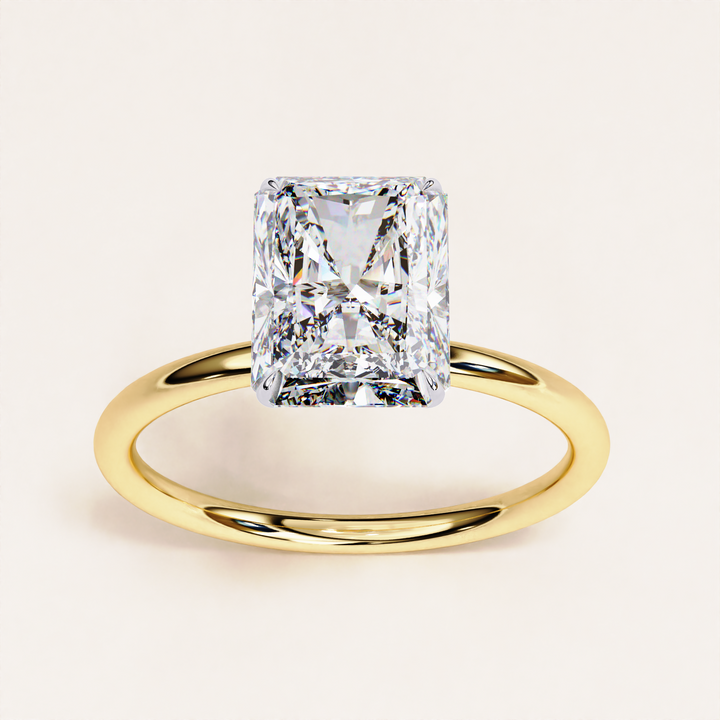 sophisticated radiant cut diamond jewelry | sustainable hidden halo diamond jewelry | sparkling radiant cut gemstone ring
