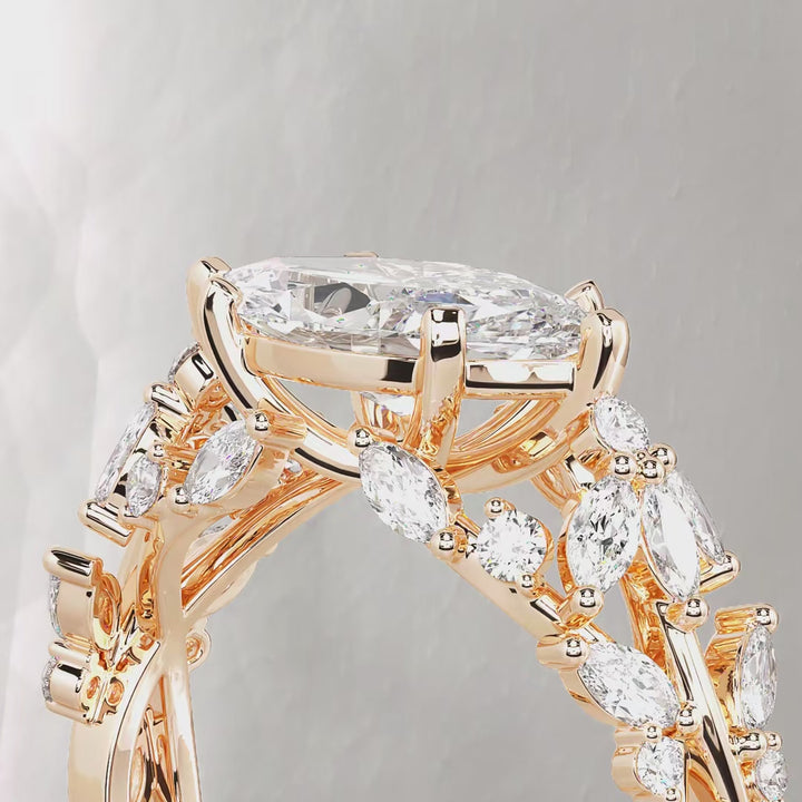 Marquise Cut Lab Grown Diamond Ring East West Setting With Floral Band