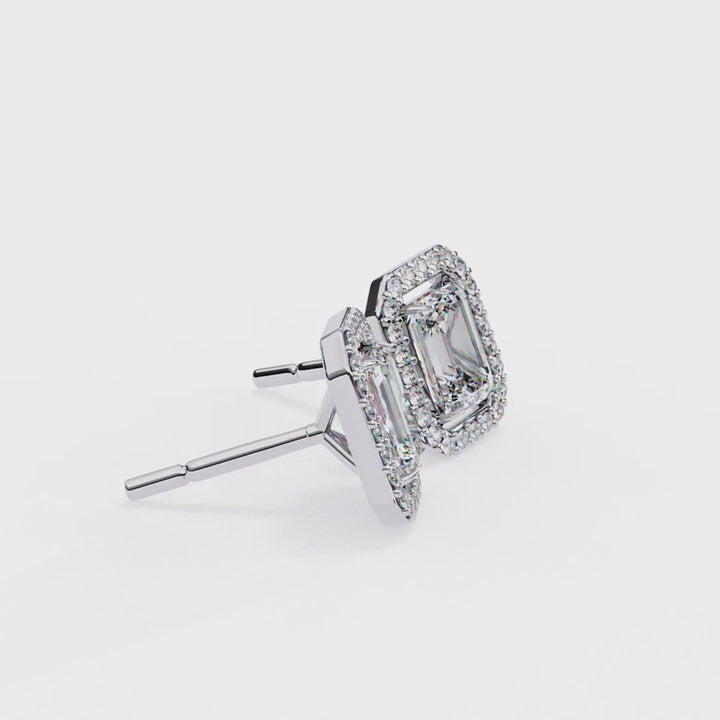 Halo Emerald Cut Lab Grown Solitaire Stud Earring