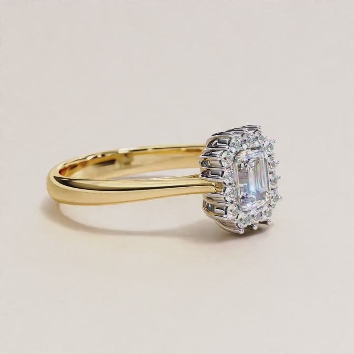 Emerald Cut, Lab Grown Diamond, Halo Diamond Ring, Round Halo, Wedding Ring, Ethical Jewelry, Sustainable Diamonds, Fine Craftsmanship, Modern Design, Bridal Jewelry, Statement Piece, Handcrafted Jewelry, Designer Ring, Luxury Design, Unique Engagement Ring, Eco-friendly Jewelry, Conflict-free Diamonds, High Quality, Timeless Elegance, Special Occasion